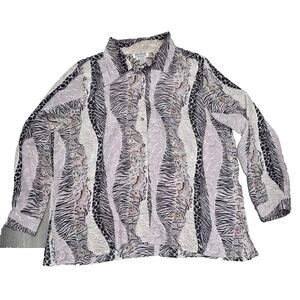Allison Taylor 100 % Silk Button Up Shirt gray animal print 1X A003994